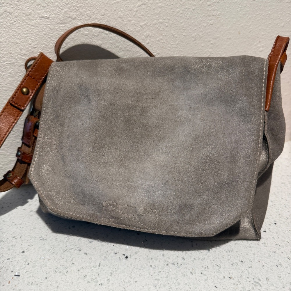 M&S Collection Grey‎ Suede Metallic Flap Crossbody Bag Brown Leather Strap